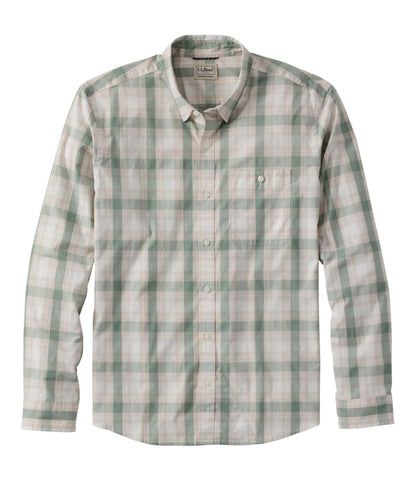 L.L.Bean Men's Comfort Stretch Performance® Chambray Shirt, Long-Sleeve, Slightly Fitted Untucked Fit, Plaid Faded Sage