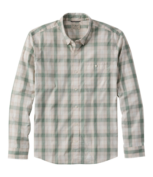 L.L.Bean Men's Comfort Stretch Performance® Chambray Shirt, Long-Sleeve, Slightly Fitted Untucked Fit, Plaid Faded Sage