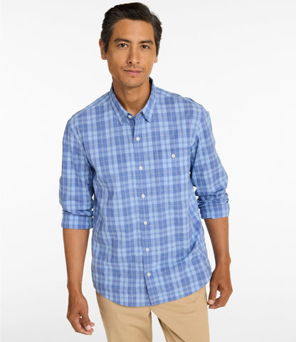 L.L.Bean Men's Comfort Stretch Performance® Chambray Shirt, Long-Sleeve, Slightly Fitted Untucked Fit, Plaid Faded Sage
