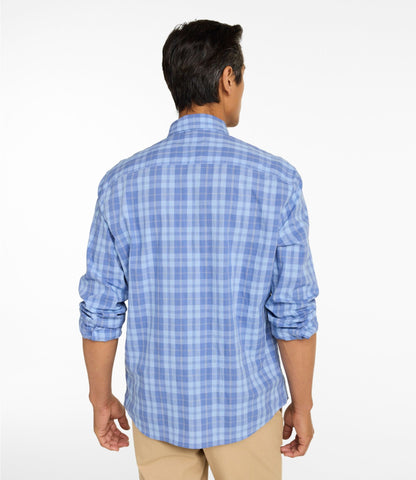 L.L.Bean Men's Comfort Stretch Performance® Chambray Shirt, Long-Sleeve, Slightly Fitted Untucked Fit, Plaid Faded Sage