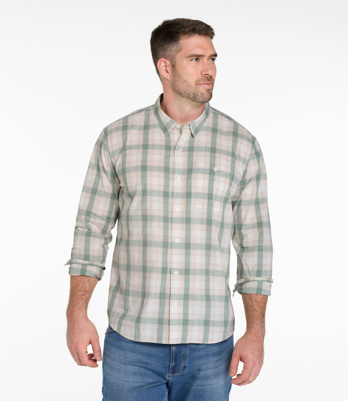 L.L.Bean Men's Comfort Stretch Performance® Chambray Shirt, Long-Sleeve, Slightly Fitted Untucked Fit, Plaid Faded Sage