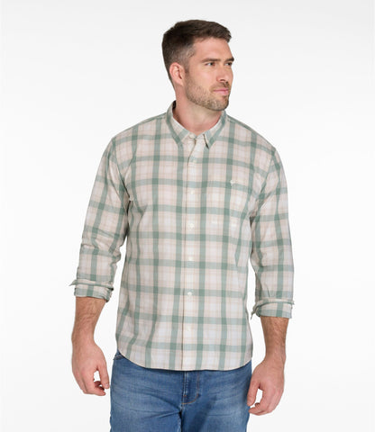 L.L.Bean Men's Comfort Stretch Performance® Chambray Shirt, Long-Sleeve, Slightly Fitted Untucked Fit, Plaid Faded Sage