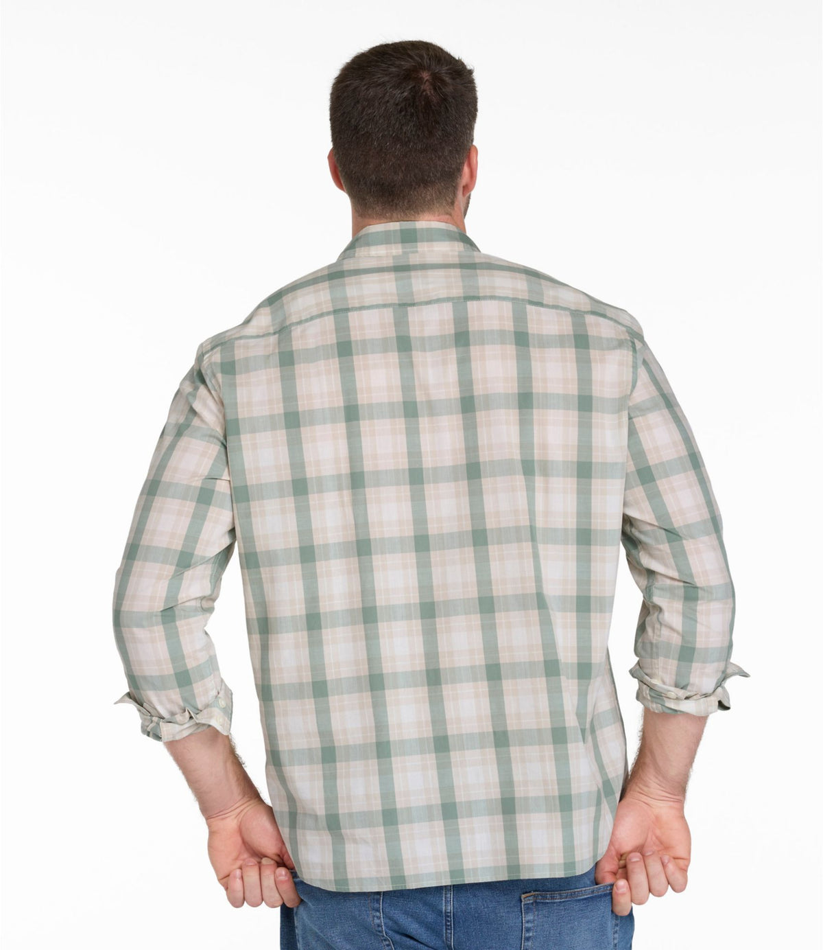 L.L.Bean Men's Comfort Stretch Performance® Chambray Shirt, Long-Sleeve, Slightly Fitted Untucked Fit, Plaid Faded Sage