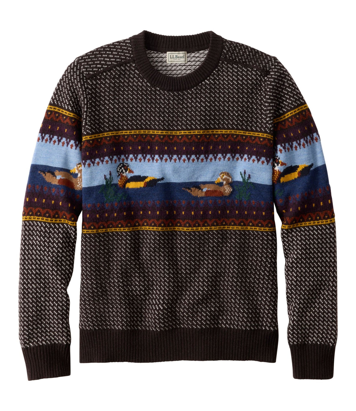 L.L.Bean Men's Essential Merino Sweaters, Crewneck, Pattern Deepest Brown Fair Isle
