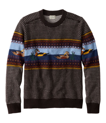L.L.Bean Men's Essential Merino Sweaters, Crewneck, Pattern Deepest Brown Fair Isle