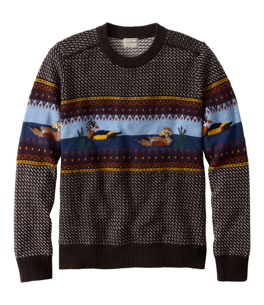 L.L.Bean Men's Essential Merino Sweaters, Crewneck, Pattern Deepest Brown Fair Isle