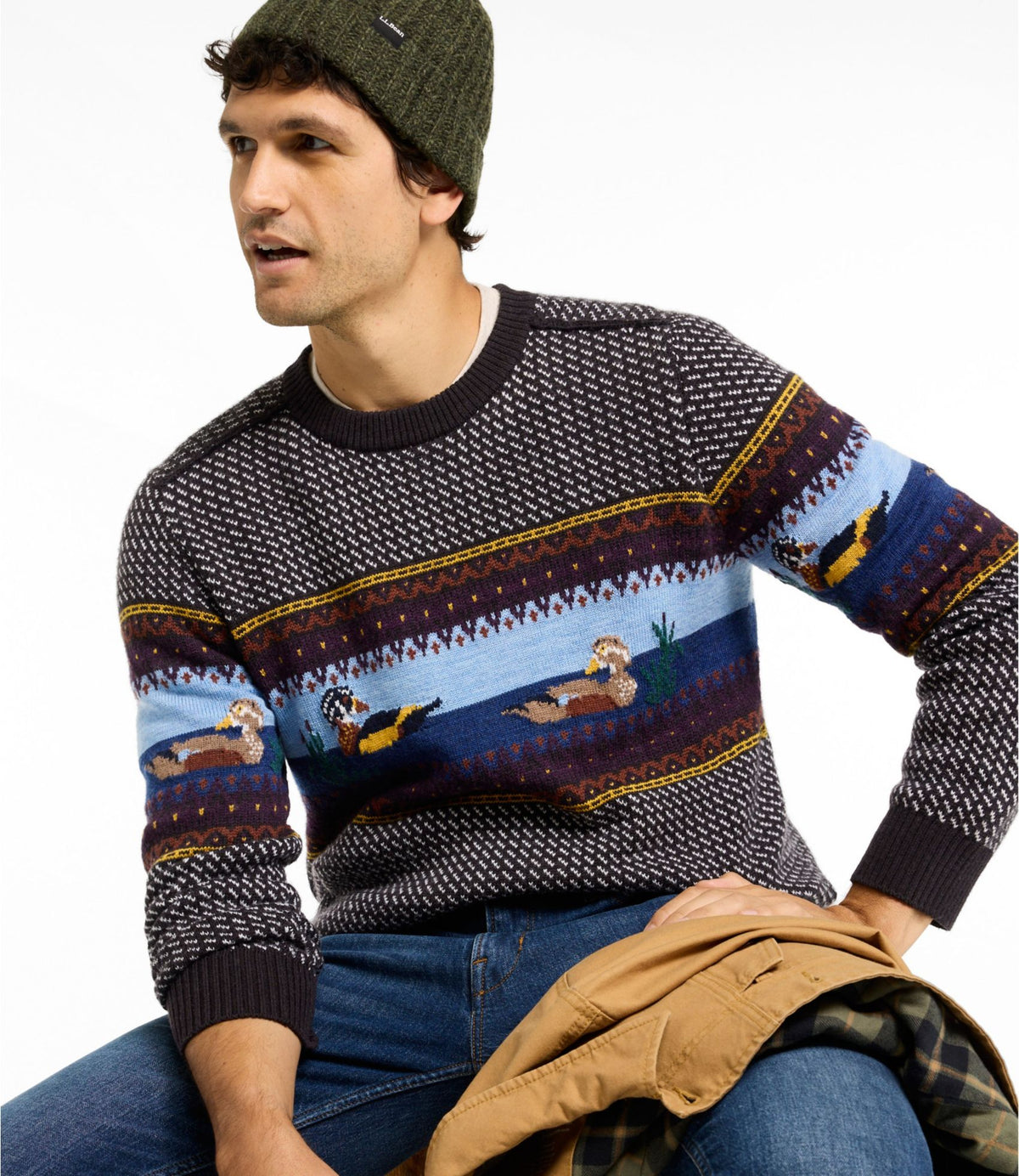 L.L.Bean Men's Essential Merino Sweaters, Crewneck, Pattern Deepest Brown Fair Isle