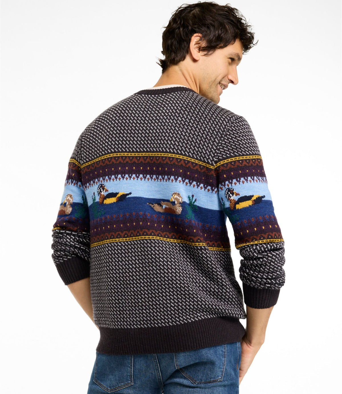 L.L.Bean Men's Essential Merino Sweaters, Crewneck, Pattern Deepest Brown Fair Isle