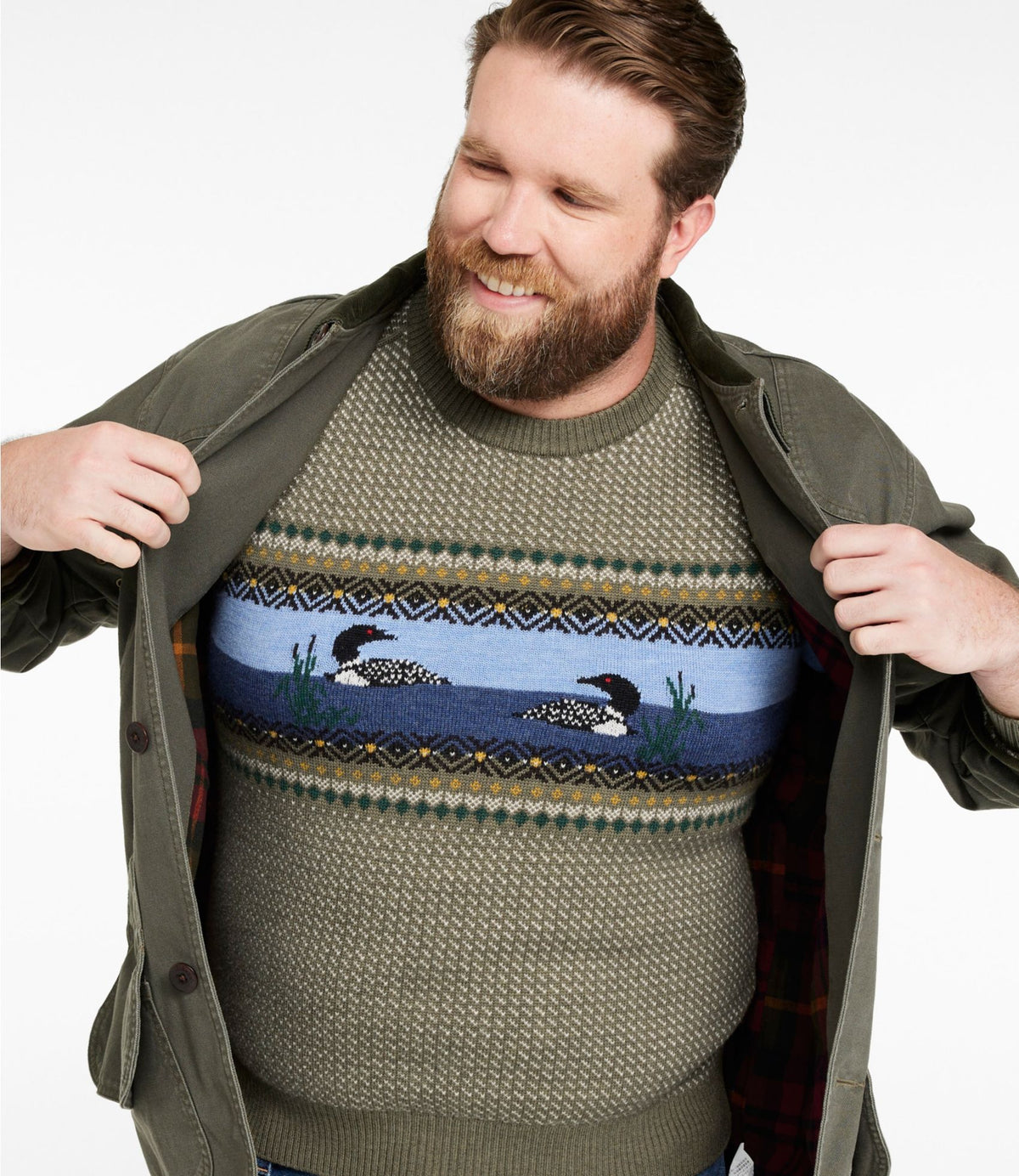L.L.Bean Men's Essential Merino Sweaters, Crewneck, Pattern Deepest Brown Fair Isle