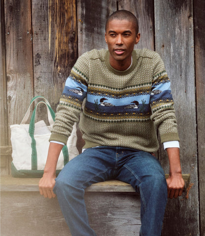 L.L.Bean Men's Essential Merino Sweaters, Crewneck, Pattern Deepest Brown Fair Isle