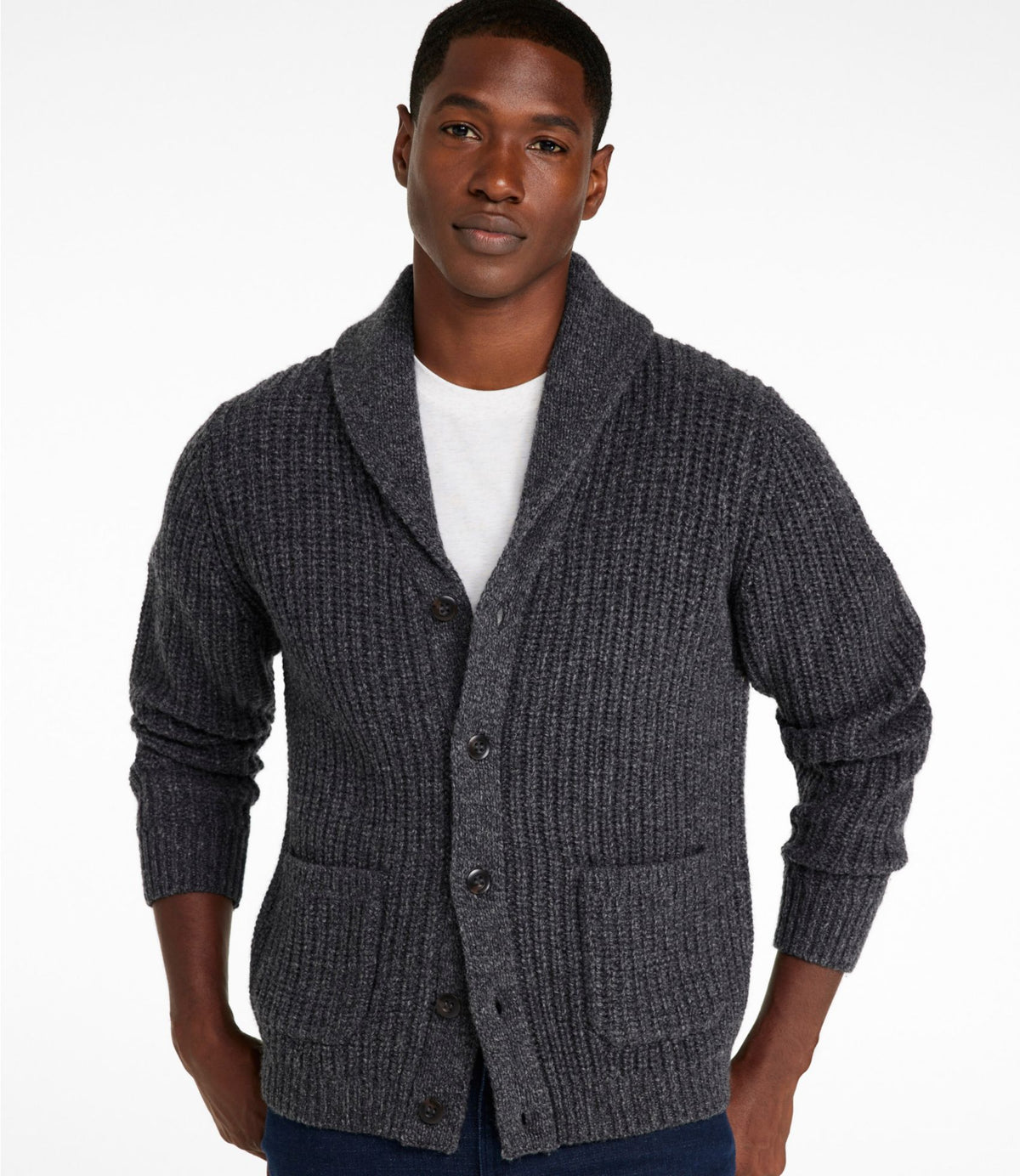 L.L.Bean Men's L.L.Bean Classic Ragg Wool Sweater, Cardigan Charcoal