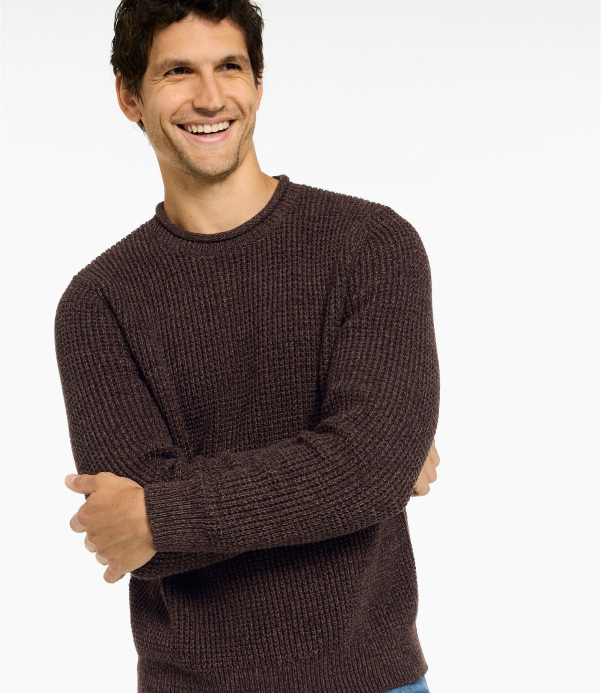 L.L.Bean Men's L.L.Bean Organic Cotton Waffle Sweater, Rollneck Crew Carbon Navy