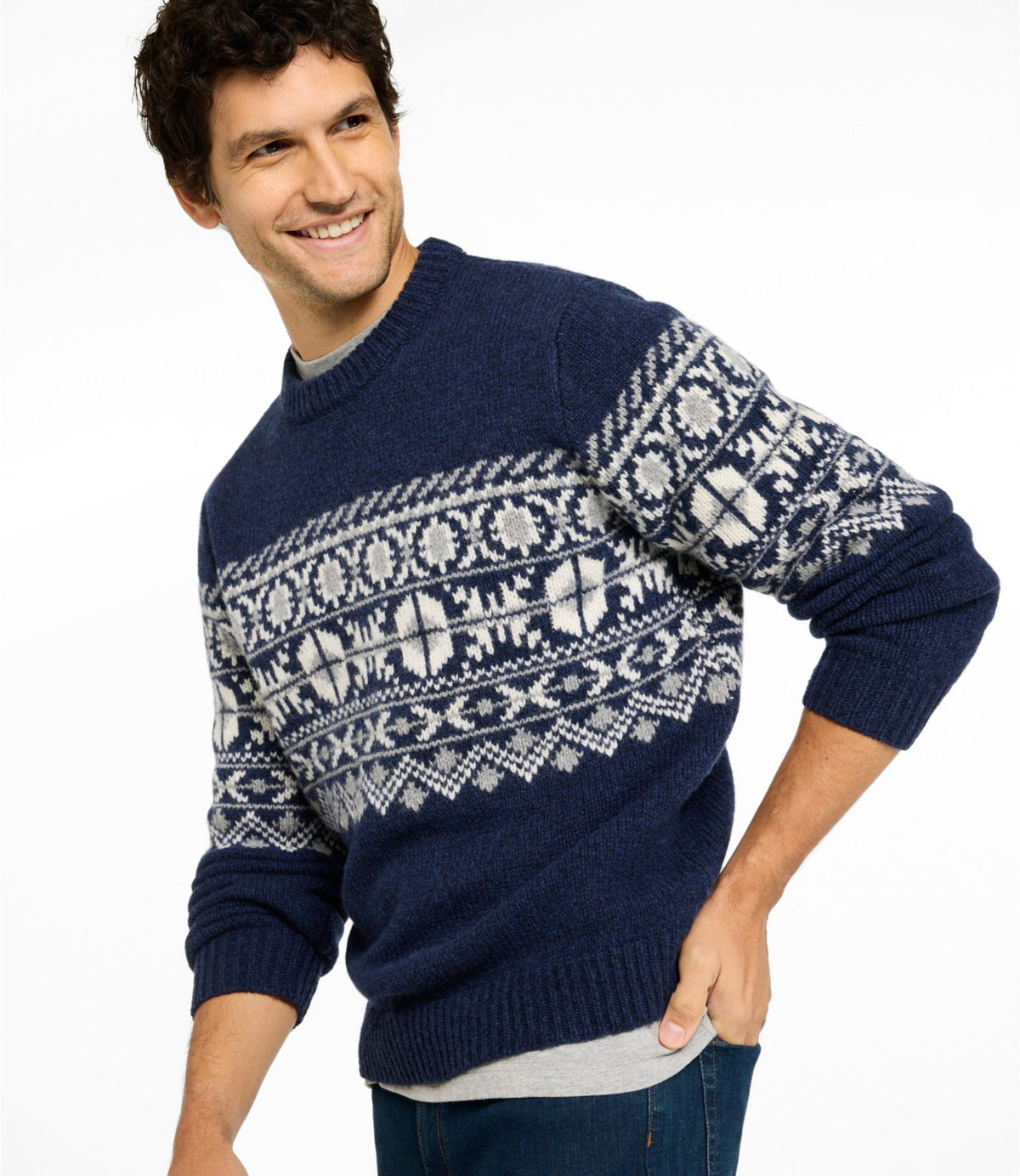 L.L.Bean Men's Bean's Classic Ragg Wool Sweater, Crewneck, Fair Isle Navy Fair Isle