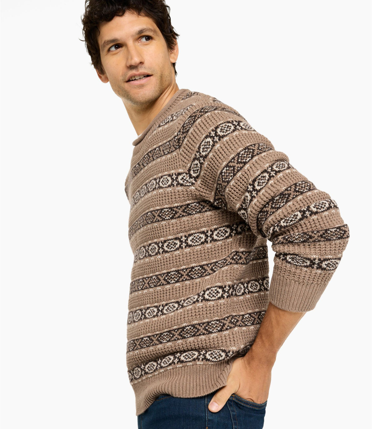 L.L.Bean Men's L.L.Bean Organic Cotton Waffle Sweater, Crewneck, Fair Isle Khaki Fair Isle