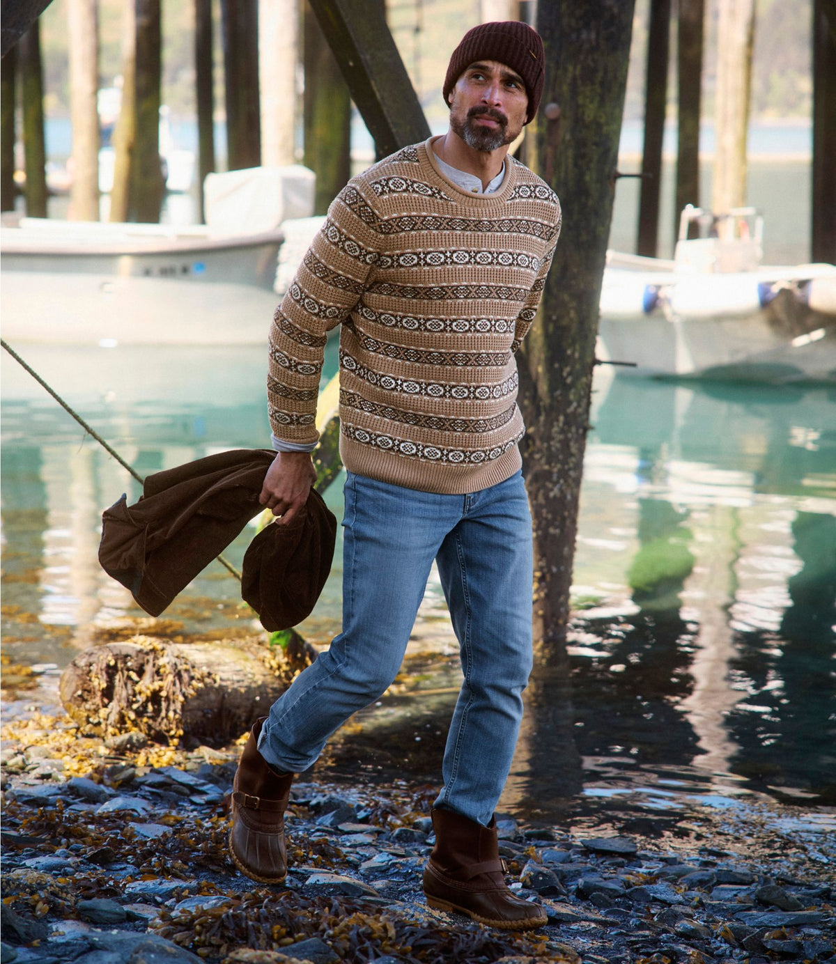 L.L.Bean Men's L.L.Bean Organic Cotton Waffle Sweater, Crewneck, Fair Isle Khaki Fair Isle