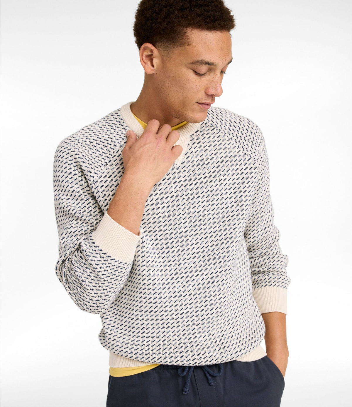L.L.Bean Men's Wicked Soft Cotton/Cashmere Sweater, Crewneck, Pattern Bright Navy Birdseye Stripe
