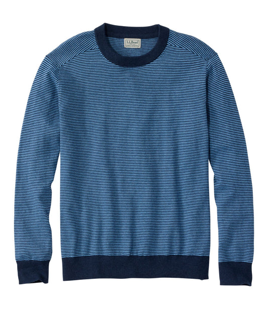 L.L.Bean Men's All Seasons Cotton Blend Sweater, Crewneck, Stripe Classic Navy/Seaboard Blue Heather