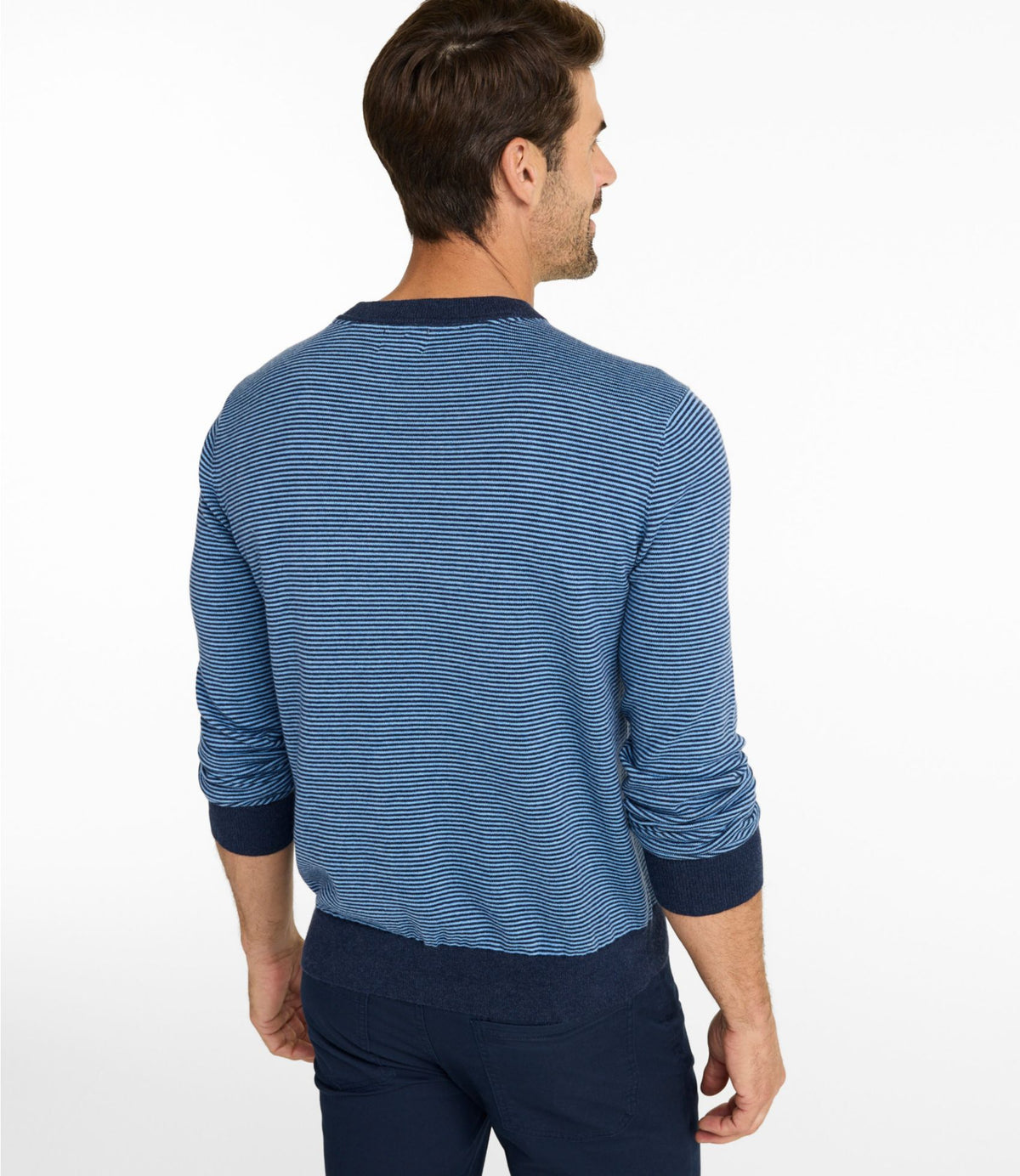 L.L.Bean Men's All Seasons Cotton Blend Sweater, Crewneck, Stripe Classic Navy/Seaboard Blue Heather