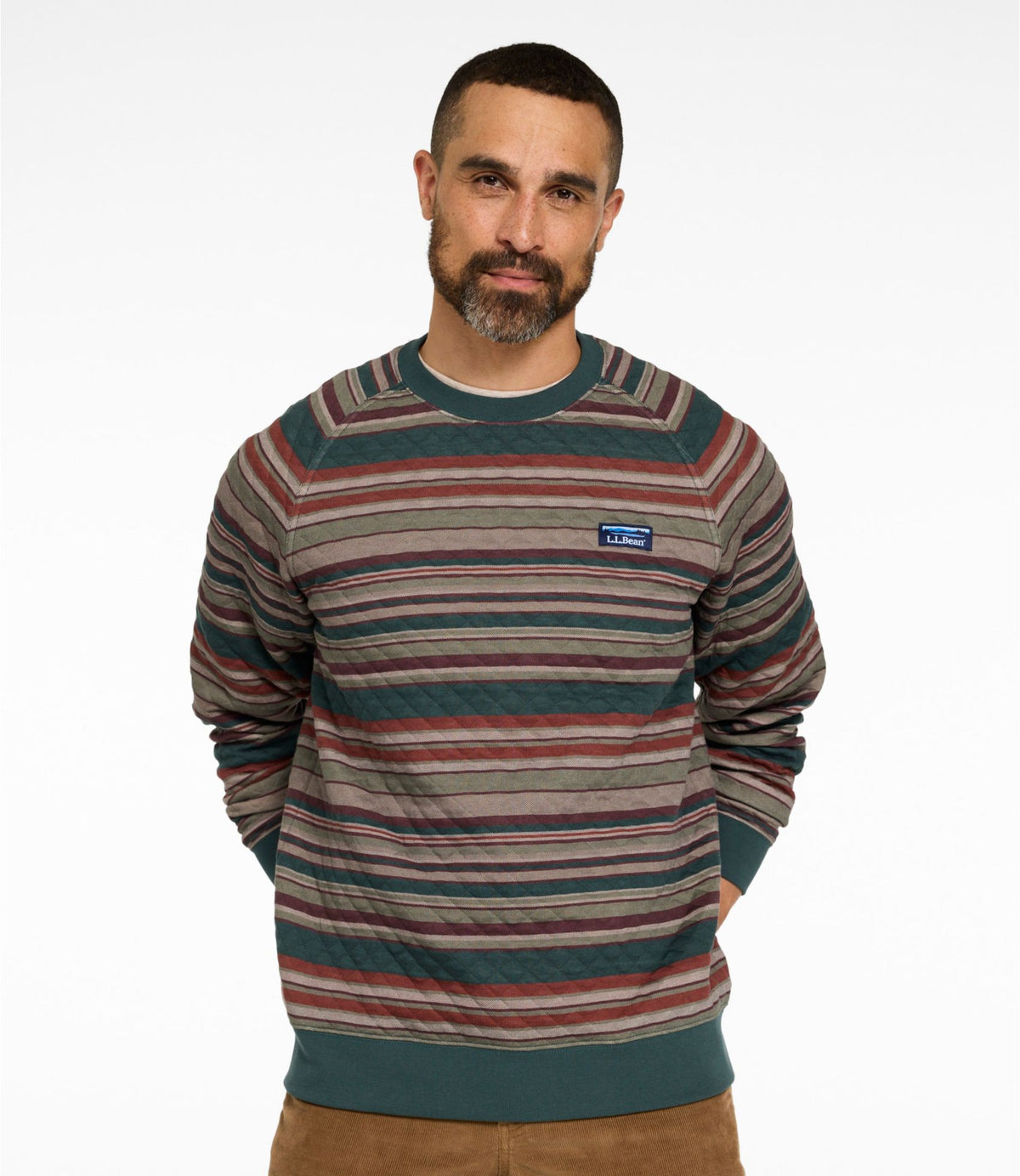 L.L.Bean Men's Quilted Sweatshirt, Crewneck, Stripe Deepest Green Stripe