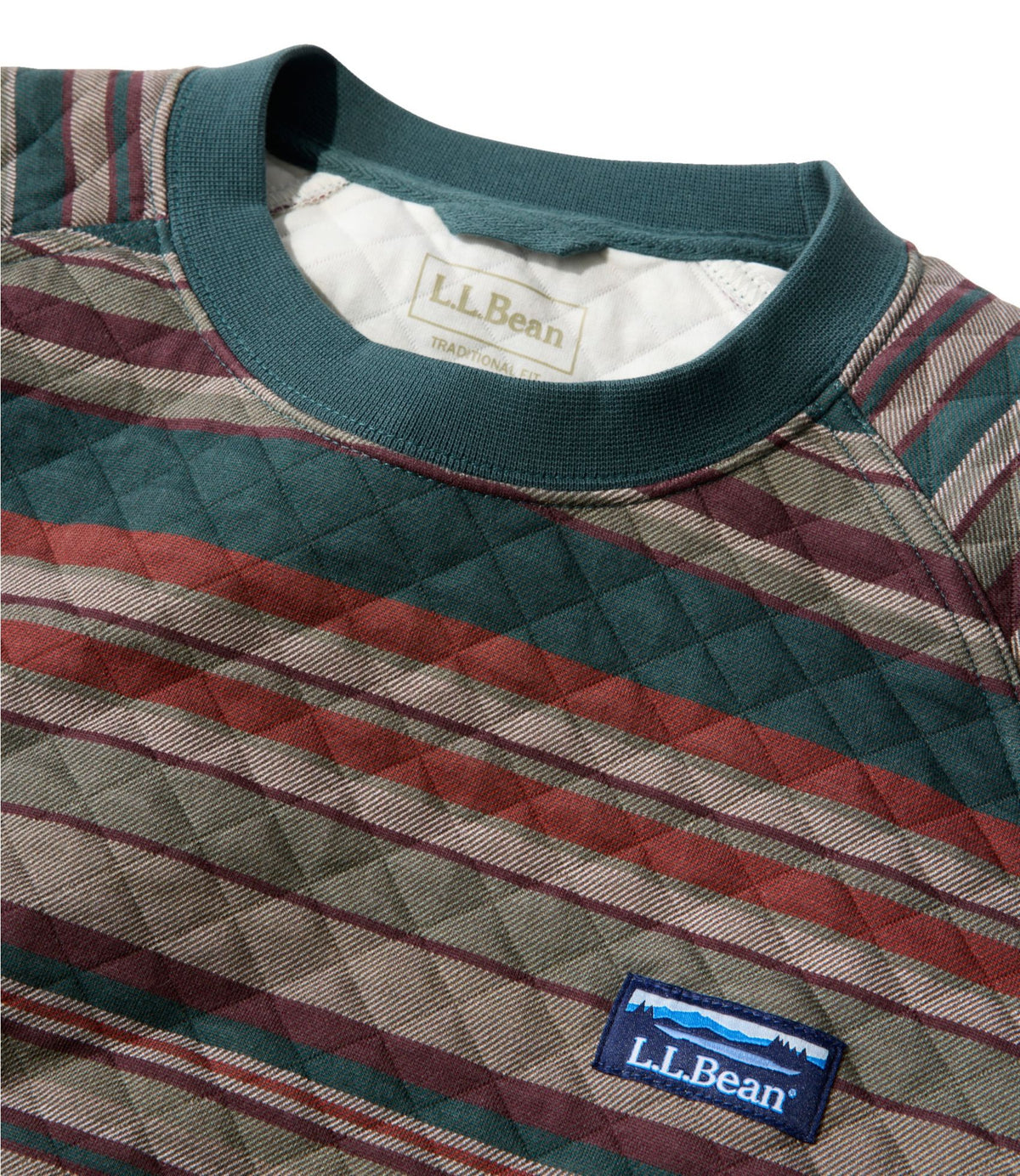 L.L.Bean Men's Quilted Sweatshirt, Crewneck, Stripe Deepest Green Stripe
