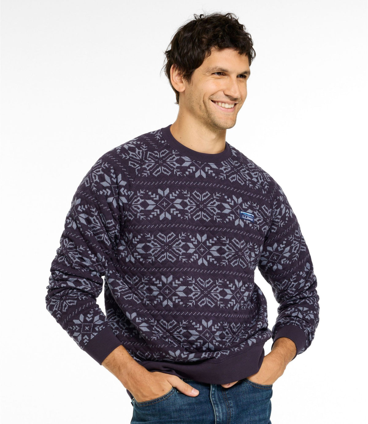 L.L.Bean Men's Bean's Quilted Sweatshirt, Crewneck, Print Eggplant Snowflake