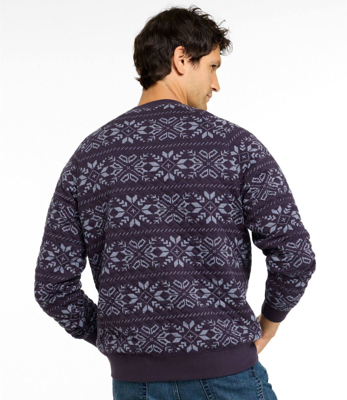 L.L.Bean Men's Bean's Quilted Sweatshirt, Crewneck, Print Eggplant Snowflake
