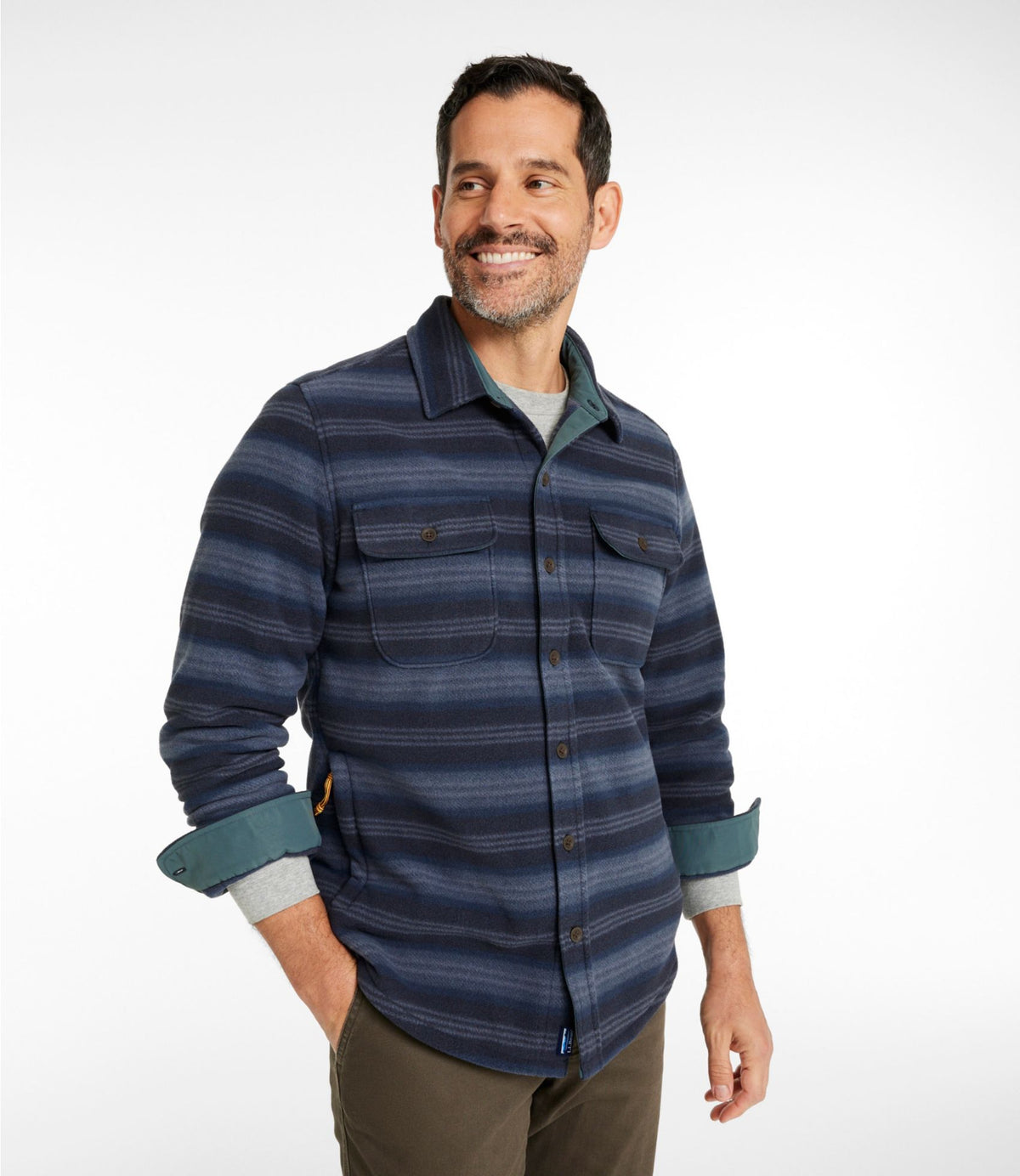 L.L.Bean Men's Bean's Mariner Fleece Shirt, Print Dark Navy Stripe