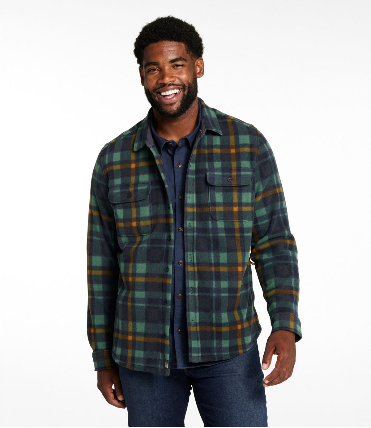 L.L.Bean Men's Bean's Mariner Fleece Shirt, Print Dark Navy Stripe