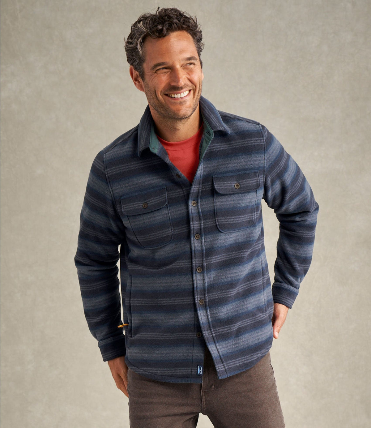 L.L.Bean Men's Bean's Mariner Fleece Shirt, Print Dark Navy Stripe