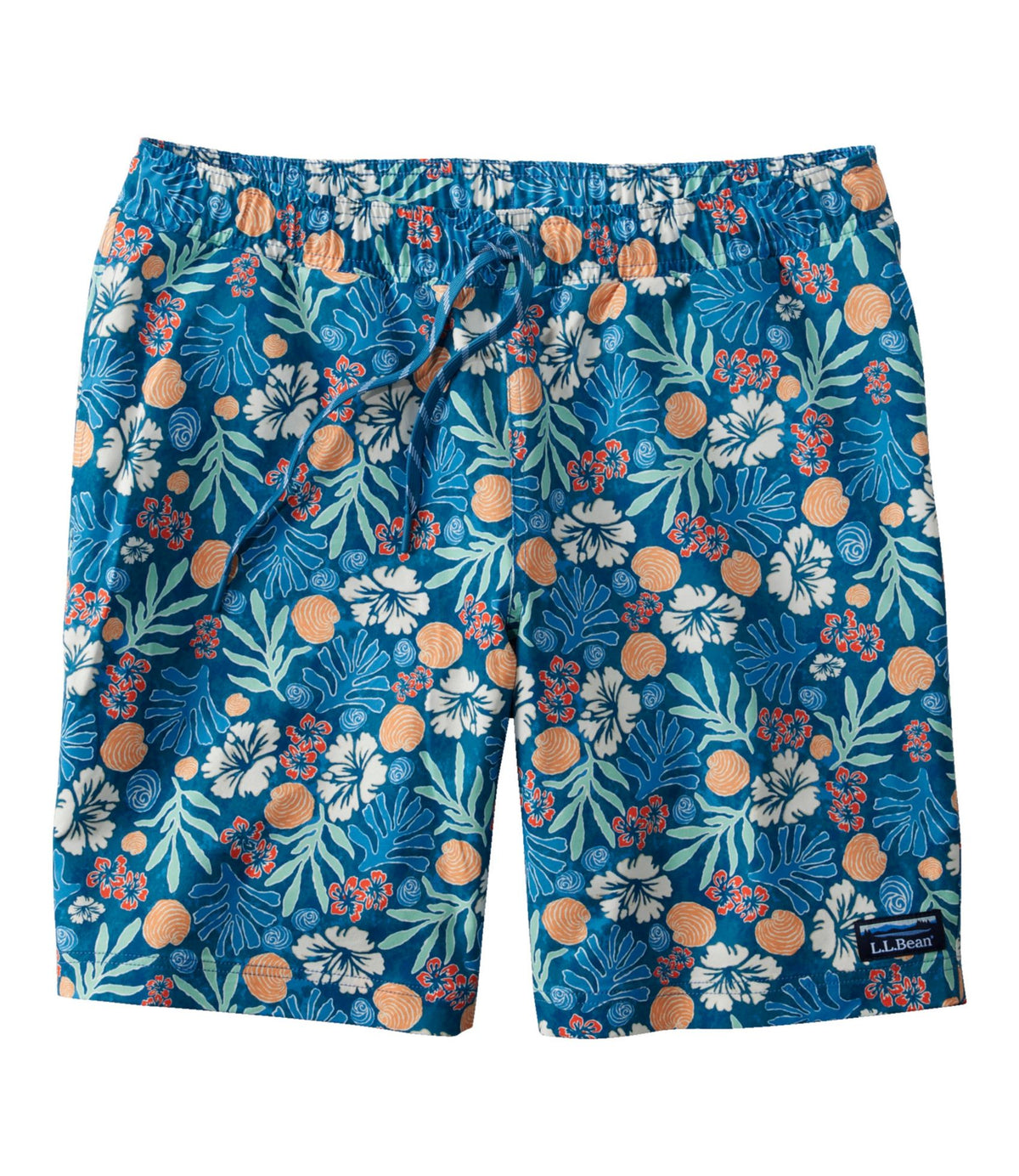 L.L.Bean Men's Vacationland Stretch Swim Trunks, Print, 8" Blue Water Hibiscus