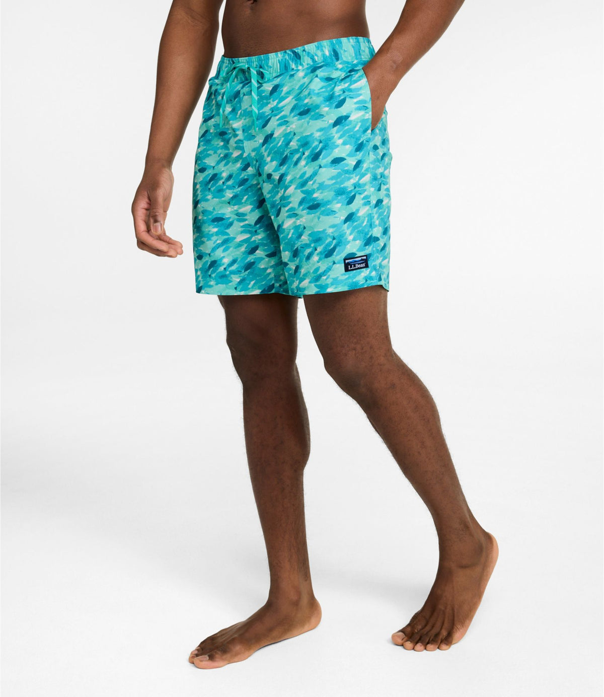 L.L.Bean Men's Vacationland Stretch Swim Trunks, Print, 8" Blue Water Hibiscus