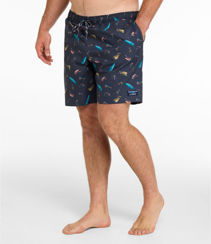 L.L.Bean Men's Vacationland Stretch Swim Trunks, Print, 8" Blue Water Hibiscus