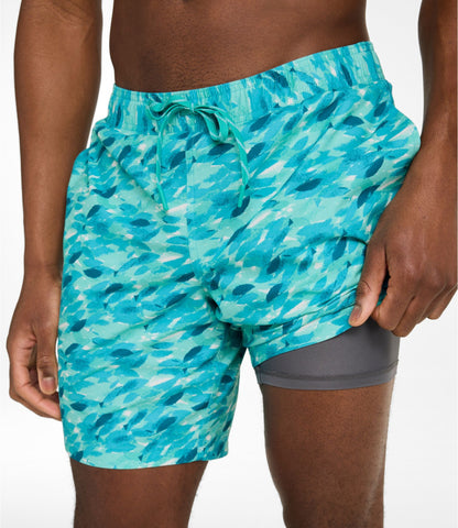L.L.Bean Men's Vacationland Stretch Swim Trunks, Print, 8" Blue Water Hibiscus