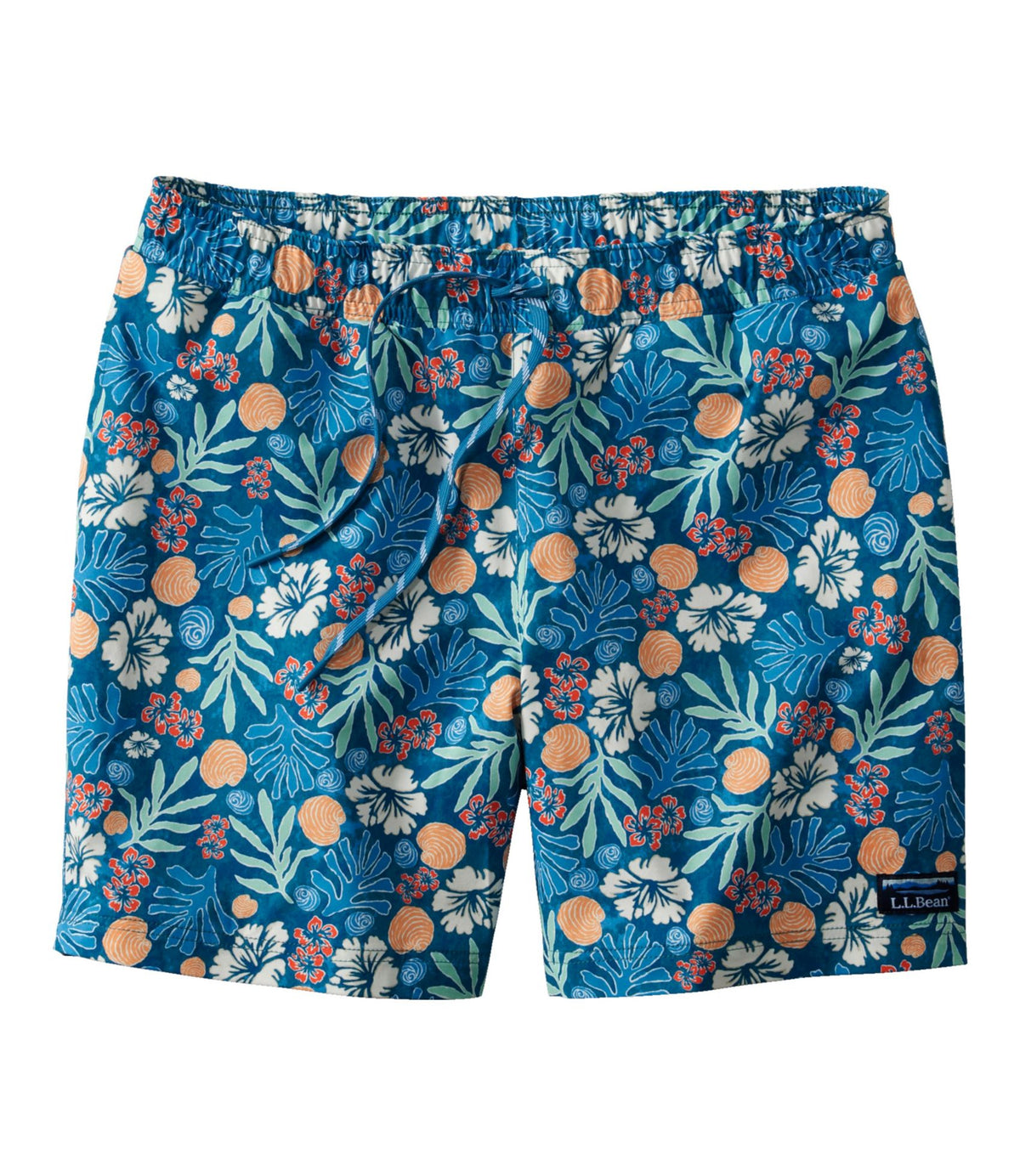 L.L.Bean Men's Vacationland Stretch Swim Trunks, Print, 6" Blue Water Hibiscus