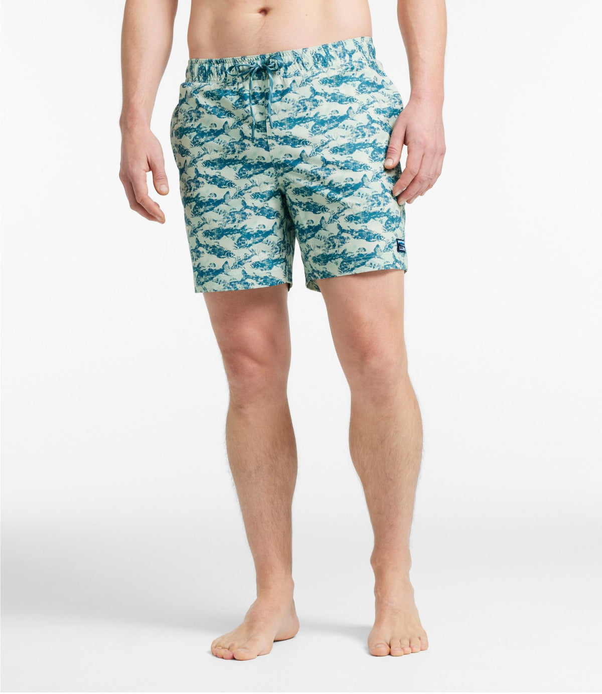 L.L.Bean Men's Vacationland Stretch Swim Trunks, Print, 6" Blue Water Hibiscus