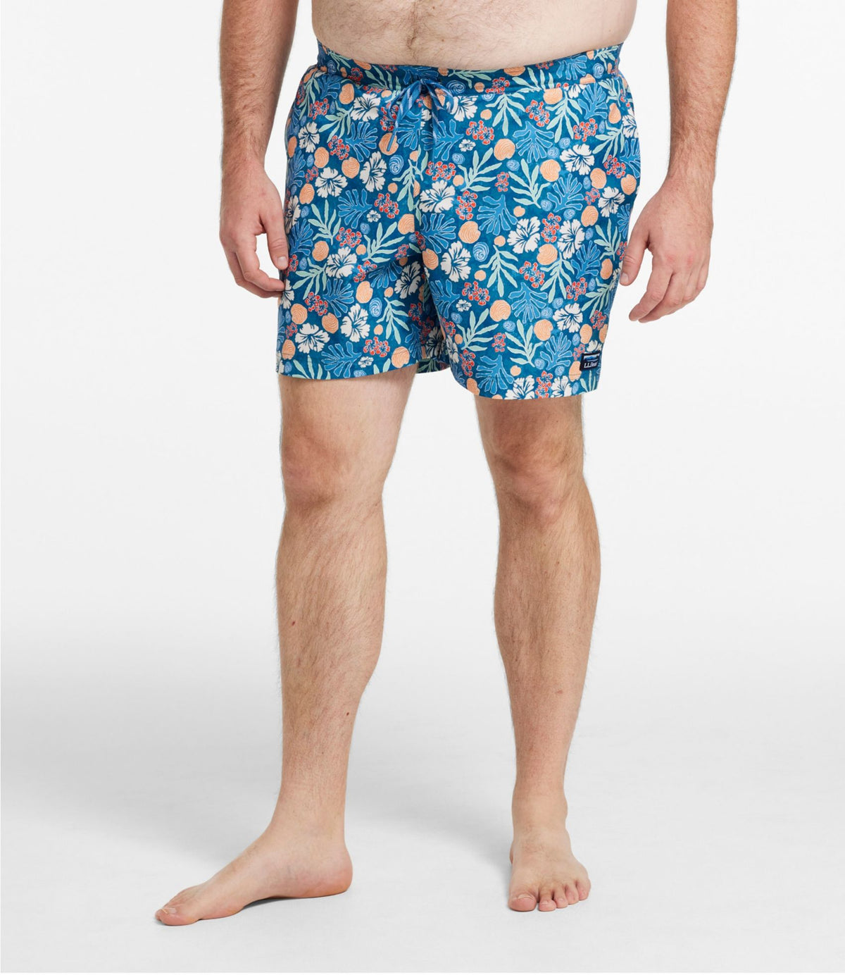 L.L.Bean Men's Vacationland Stretch Swim Trunks, Print, 6" Blue Water Hibiscus