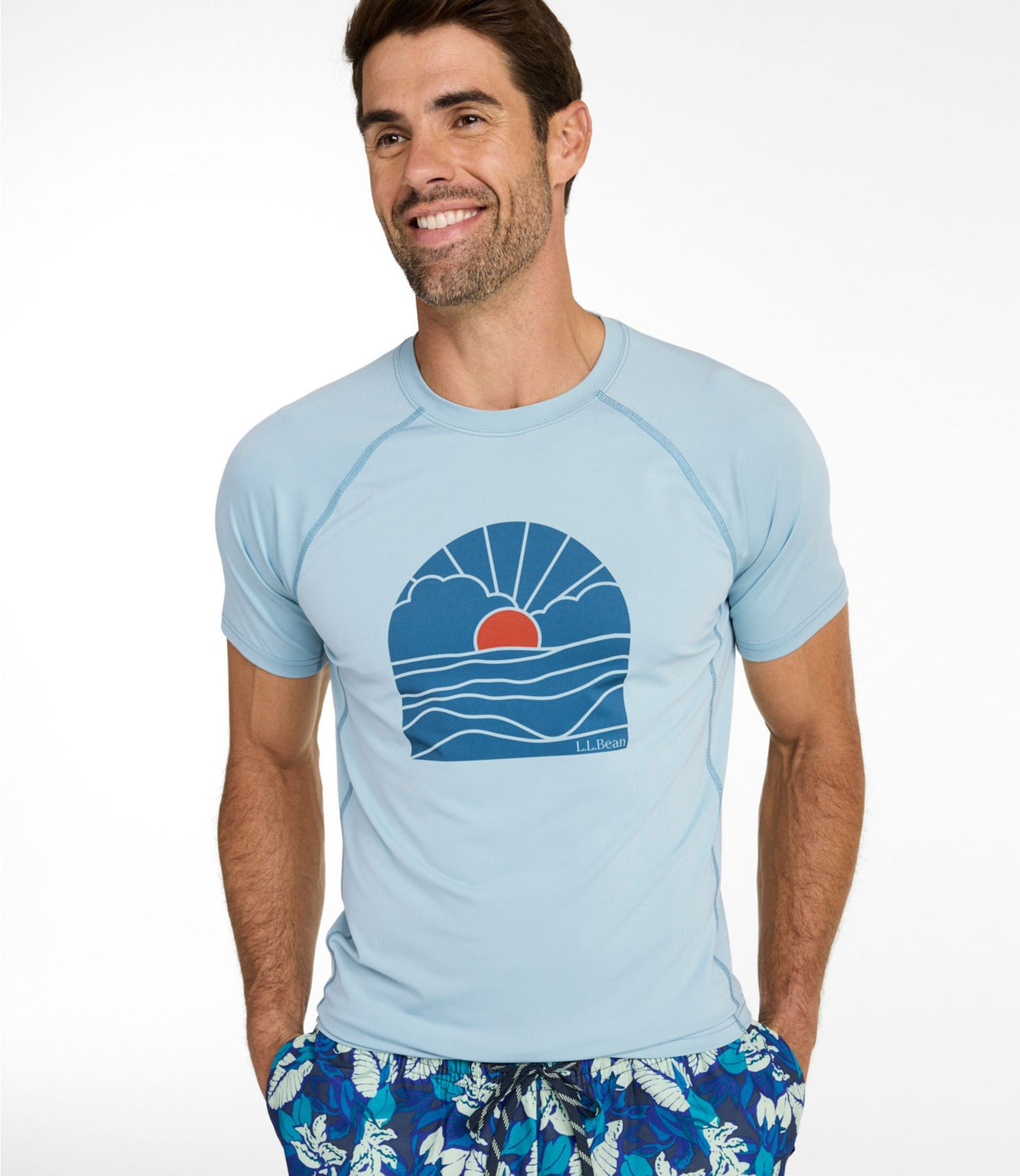 L.L.Bean Men's Swift River Cooling Sun Shirt, Short-Sleeve Graphic Oyster Blue/Sunrise