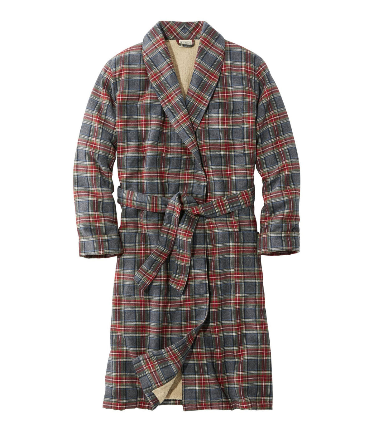 L.L.Bean Men's Scotch Plaid Flannel Robe, Sherpa-Lined Grey Stewart