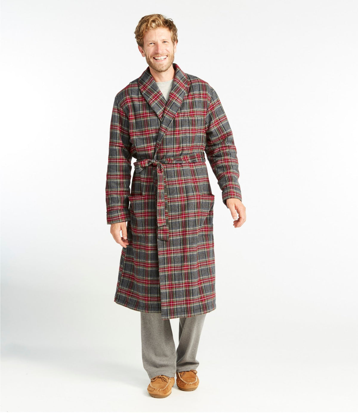L.L.Bean Men's Scotch Plaid Flannel Robe, Sherpa-Lined Grey Stewart