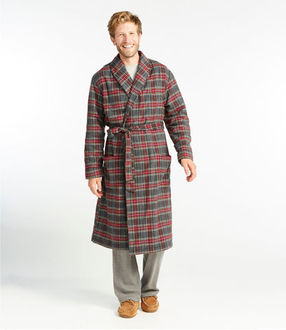 L.L.Bean Men's Scotch Plaid Flannel Robe, Sherpa-Lined Grey Stewart