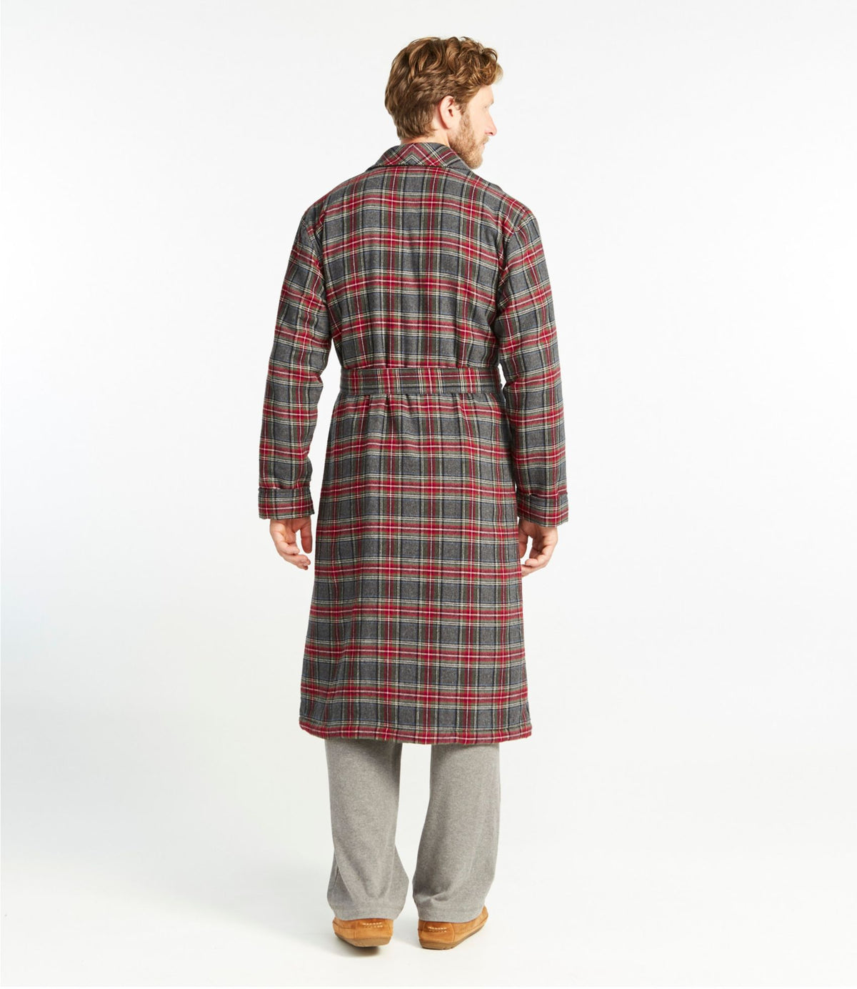L.L.Bean Men's Scotch Plaid Flannel Robe, Sherpa-Lined Grey Stewart