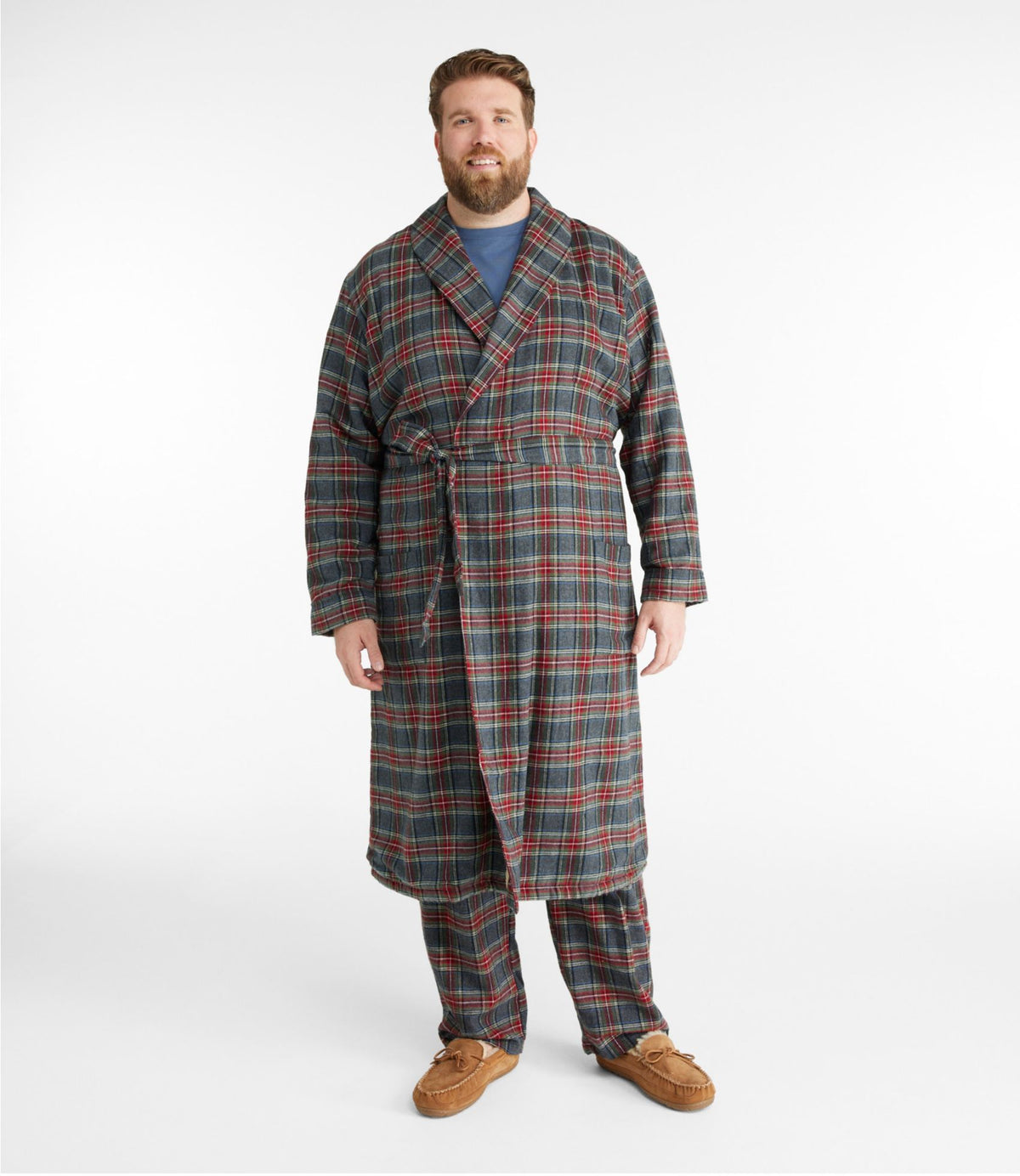 L.L.Bean Men's Scotch Plaid Flannel Robe, Sherpa-Lined Grey Stewart