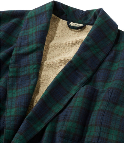 L.L.Bean Men's Scotch Plaid Flannel Robe, Sherpa-Lined Grey Stewart