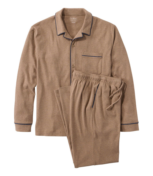 L.L.Bean Men's Bean's Cotton Knit Pajamas, Button-Front PJ Set Dark Khaki Heather