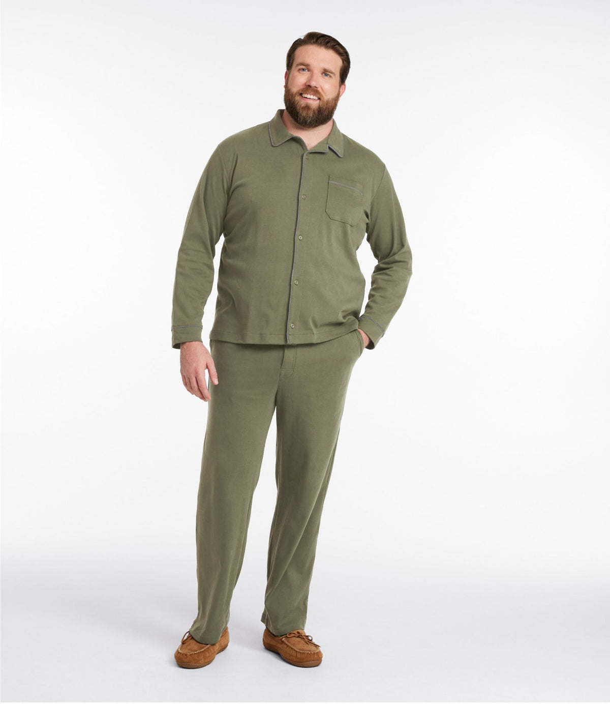 L.L.Bean Men's Bean's Cotton Knit Pajamas, Button-Front PJ Set Dark Khaki Heather