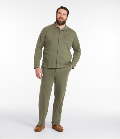 L.L.Bean Men's Bean's Cotton Knit Pajamas, Button-Front PJ Set Dark Khaki Heather