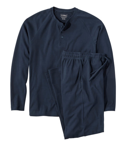 L.L.Bean Men's Bean's Cotton Knit Pajamas, Henley PJ Set Navy