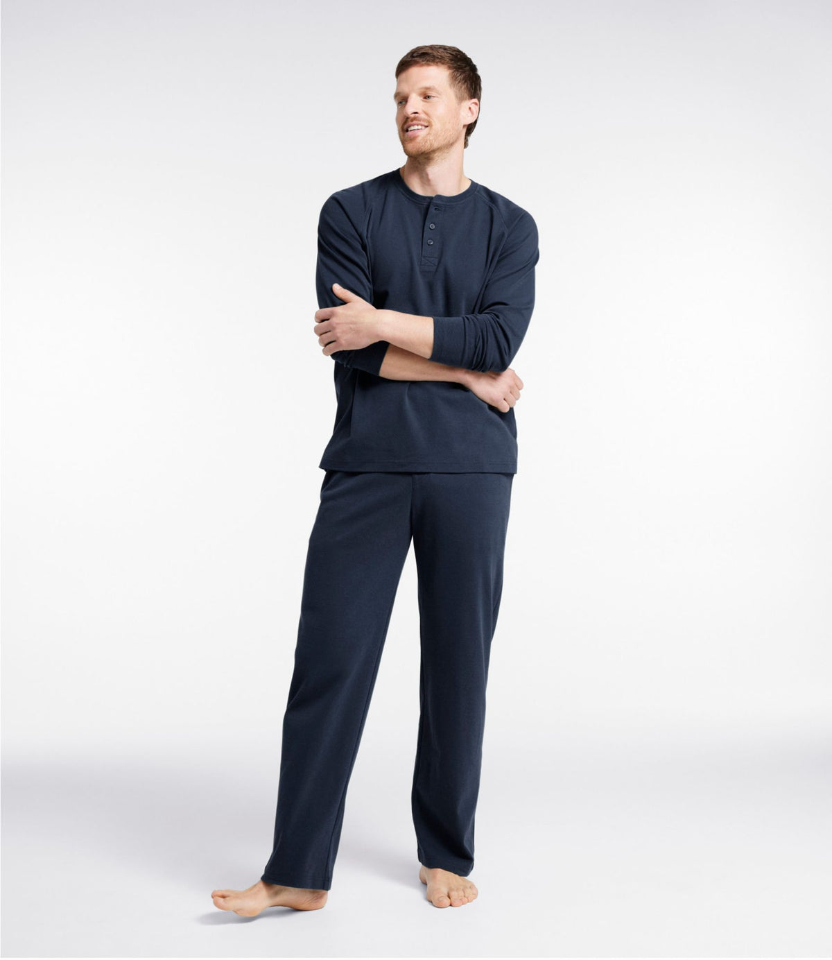 L.L.Bean Men's Bean's Cotton Knit Pajamas, Henley PJ Set Navy