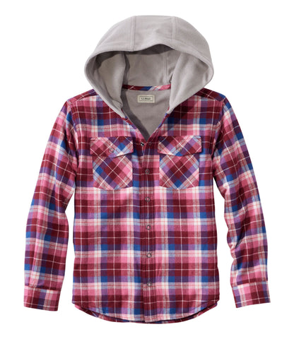 L.L.Bean Kids' Fleece-Lined Flannel Shirt, Hooded Plaid Deep Rosewood Plaid