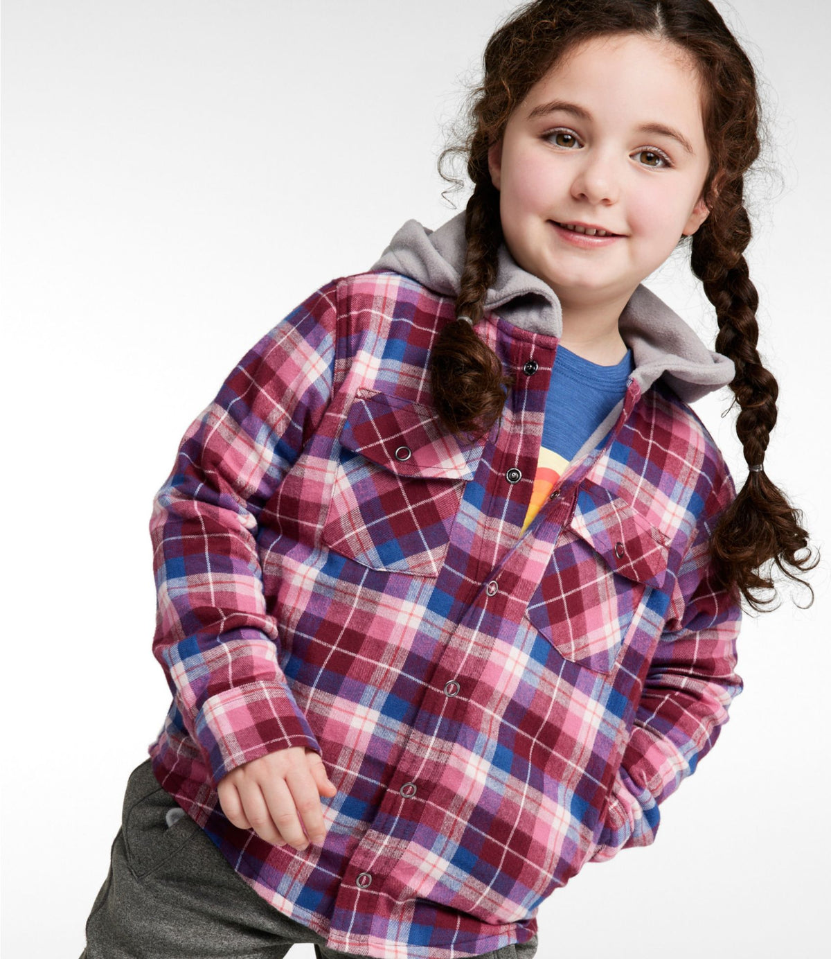 L.L.Bean Kids' Fleece-Lined Flannel Shirt, Hooded Plaid Deep Rosewood Plaid